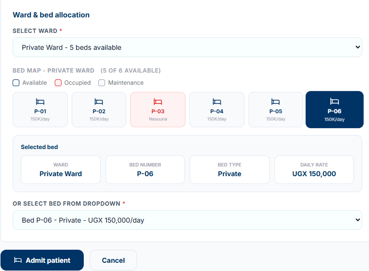 VC-HMS ward and bed allocation screen